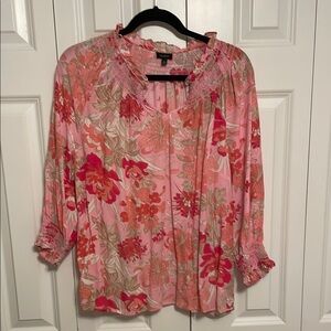 Talbots Pink and Beige Ruffled 3/4 Sleeve Blouse